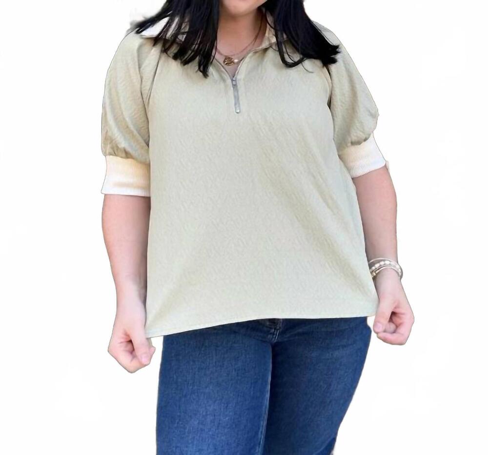 NEW ODDI textured polo top in light sage / cream